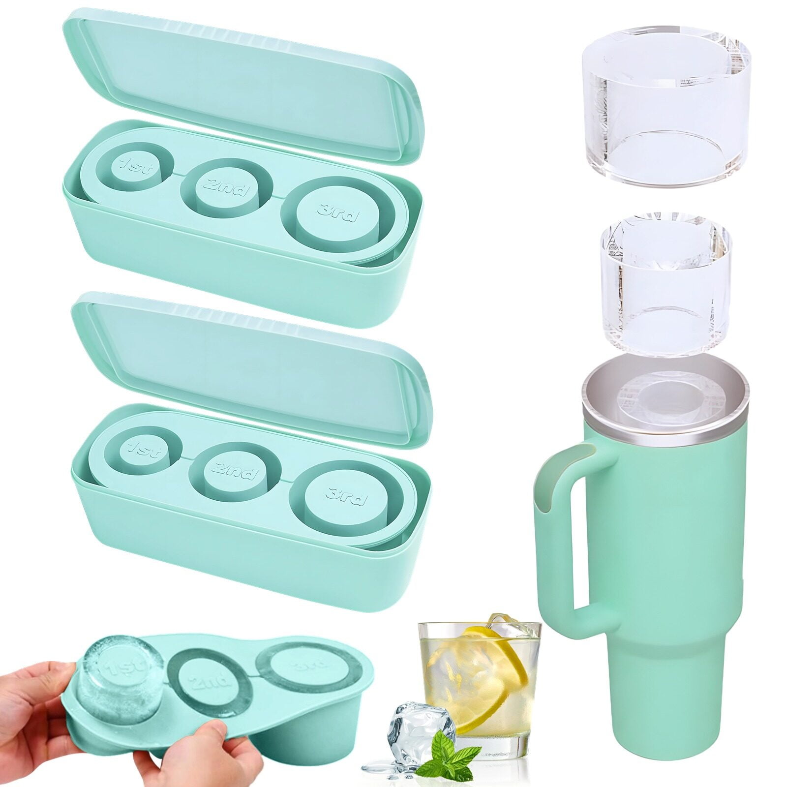 2Pcs Ice Molds Compatible with Stanley Cups 30/40oz, Silicone Hollow Cylindrical Ice Cube Mould with Lid & Bin, Reusable Food-Safe Cube Tray for Cocktails, Cooling Water, Juices
