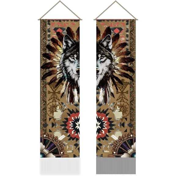 2Pcs Indian Totem Wolf Tapestry Wild Majesty Wolf Aesthetic Art Patterned Cool Hanging Tassel Tapestry for Men Boys Bedroom Cave Background Home Totem Dcor(45.7x13 Inch)