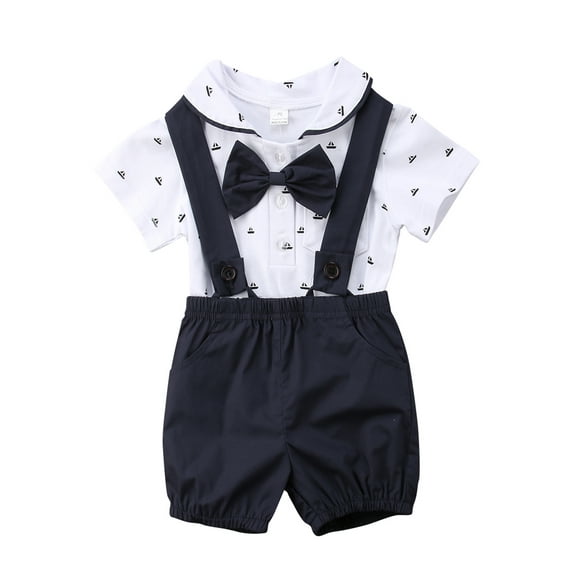 2Pcs Infant Baby Boy Gentleman Formal Suit Bow Tie Button Short Sleeve Shirt Romper Suspender Pants Shorts Overalls Outfit Set