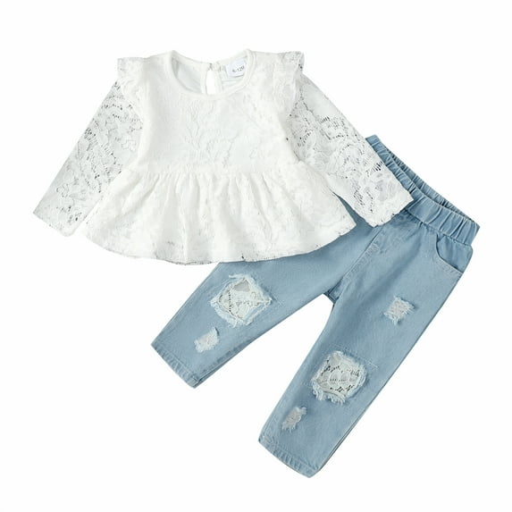 2Pcs Infant Toddler Baby Girls Ruffle Sleeve Lace Floral Shirt Tops Denim Jeans Pants Outfits Set