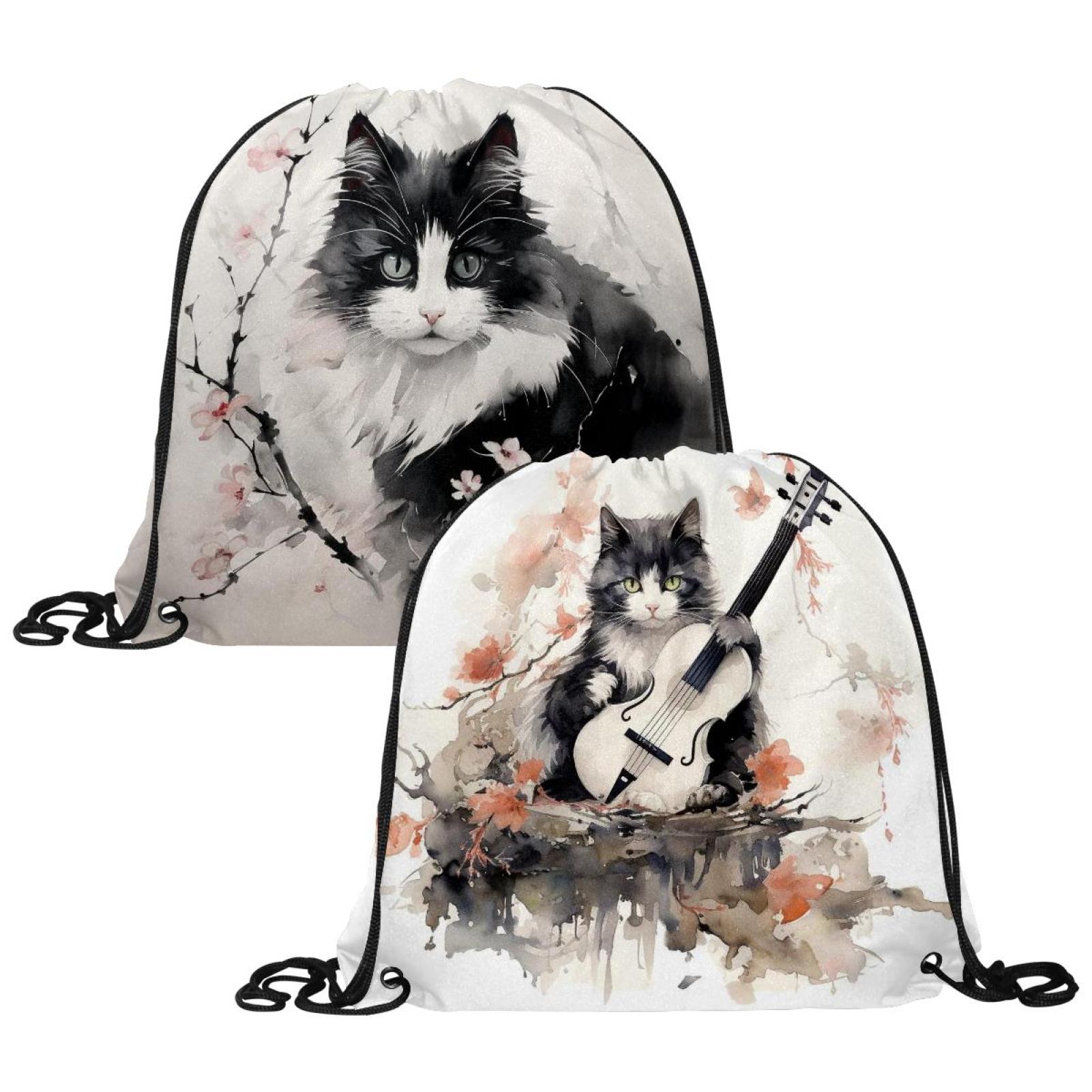 2Pcs Ink Guitar Cat Drawstring Bag,Water Resistant Gym Bag String Cinch