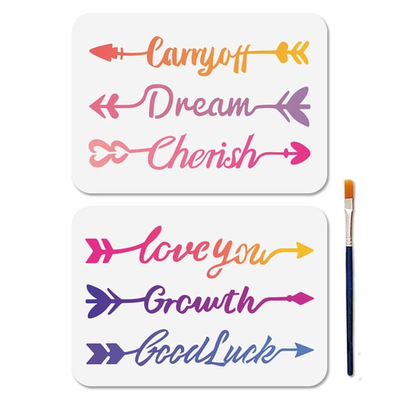 2Pcs Inspirational Quote Arrow Painting Stencils Set (11.7x8.3 Inch) - Reusable Word Art Templates with Brush for Wall Wood Window Decor
