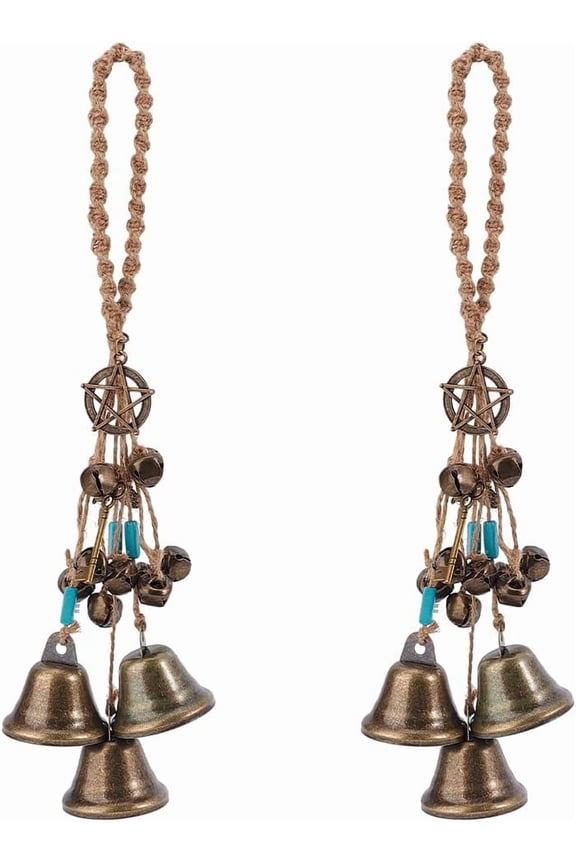 2Pcs Iron Bell Pendant Decoration Alloy Charms Turquoise Beads and Jute Cord for Home Door Hanging Ornaments Bronze