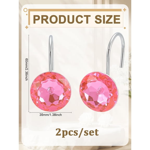 2Pcs Iron Shower Curtain Rings for Bathroom Curtain Hooks Hangers with Acrylic Rhinestone Deep Pink Decorative Shower Curtain Hooks for Bathroom Shower Curtain 60x35mm