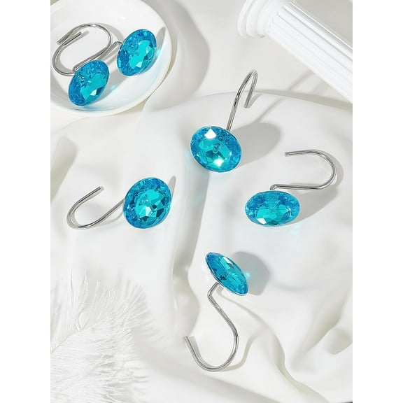 2Pcs Iron Shower Curtain Rings for Bathroom Metal Shower Curtain Hooks with Acrylic Rhinestone Dodger Blue Decorative Shower Curtain Hooks for Bathroom Shower Curtain 60x35mm Blue