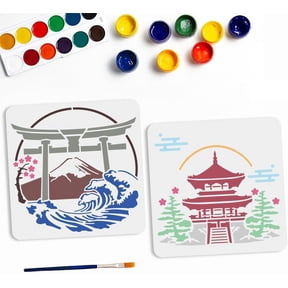 2Pcs Japanese Landscape Stencil 11.8x11.8inch Reusable Mountain Wave Template Cherry Blossoms Classic Architectural Stencils for Wall Home Decor DIY Craft Canvas for DIY