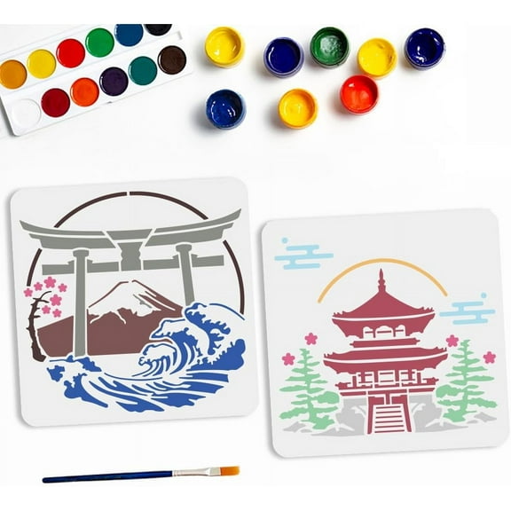 2Pcs Japanese Landscape Stencil 11.8x11.8inch Reusable Mountain Wave Template Cherry Blossoms Classic Architectural Stencils for Wall Home Decor DIY Craft Canvas White
