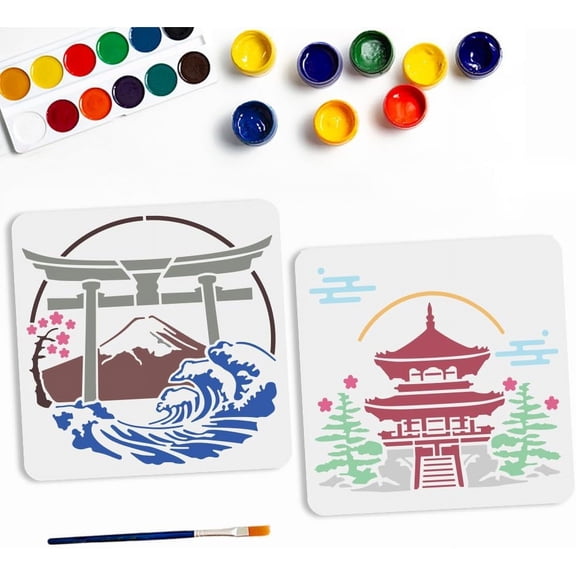 2Pcs Japanese Landscape Stencil 11.8x11.8inch Reusable Mountain Wave Template Cherry Blossoms Classic Architectural Stencils