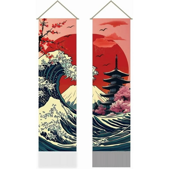 2Pcs Japanese Ocean Sea Wave Tapestry Asian Oriental Kanagawa Cherry Blossoms Fusion Tassel Tapestry Hanging for Bedroom Living Room Decorative Touch(45.7x13 Inch)