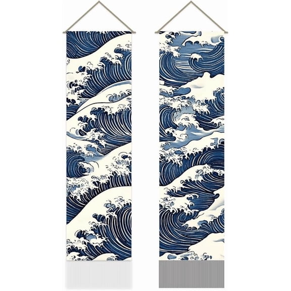 2Pcs Japanese Ocean Sea Wave Tapestry Asian Oriental Tassel Tapestry Hanging for Bedroom Living Room Relaxation Space(45.7x13 Inch) for DIY
