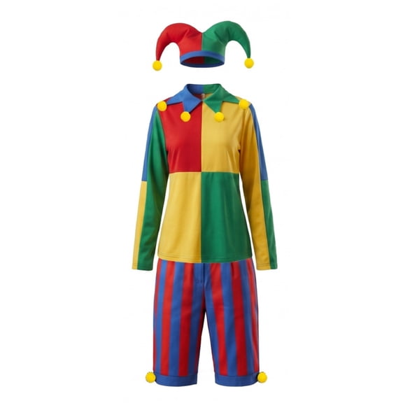 2Pcs Jester Role Play, Jester Fancy Dress, Carnival Party Attire, Halloween Jester Wear, Jester Costume Adults Colorful Outfit With Hat for Halloween Mardi Gras Renaissance Festival-Cap+Bodysuit, 3XL