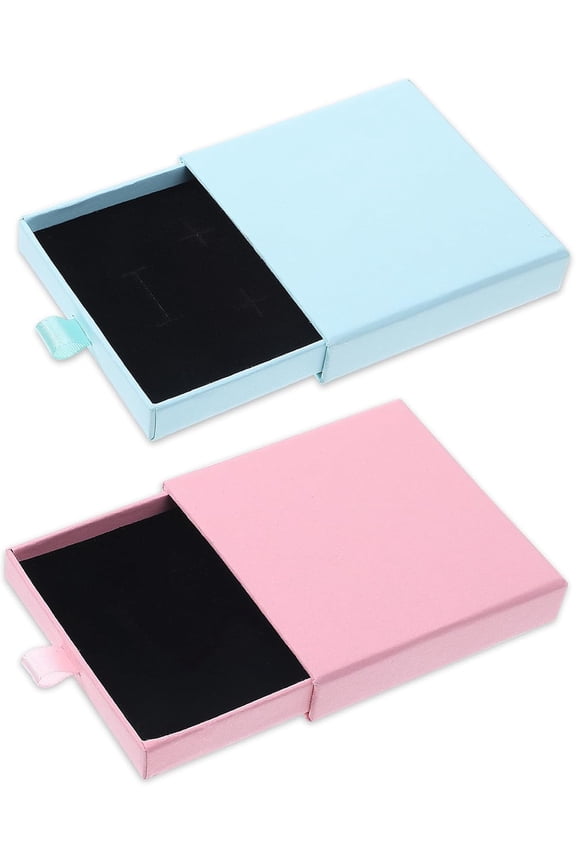 2Pcs Jewellery Gift Box 8 X 8 X 1.7cm Pull-Out Small Gift Box Square Necklace Earring Bracelet Boxes Cardboard Organizer Boxes For Bracelets Necklaces Earrings Souvenirs Jewelry (Blue, Pink)