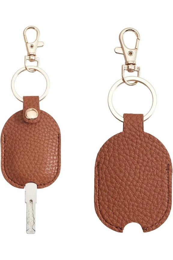 2Pcs Key Cover Keyring Brown PU Leather Rectangle Replacement Fob Sleeve Protector Holder Covers Keychain wit Brown