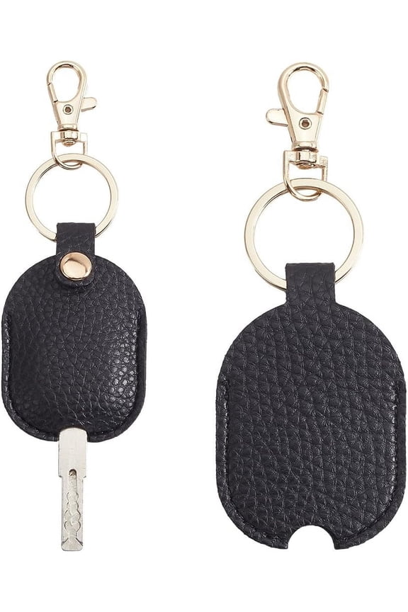 2Pcs Key Cover Keyring Brown PU Leather Rectangle Replacement Fob Sleeve Protector Holder Covers Keychain wit