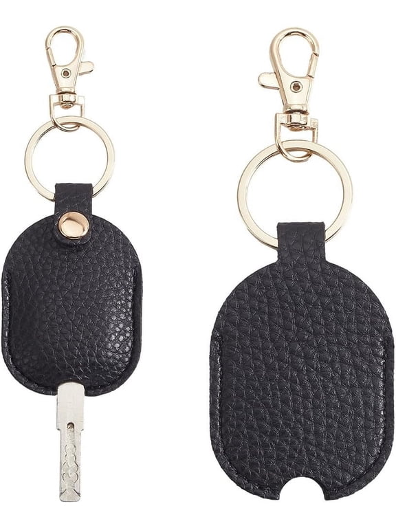 2Pcs Key Cover Keyring Brown PU Leather Rectangle Replacement Fob Sleeve Protector Holder Covers Keychain wit