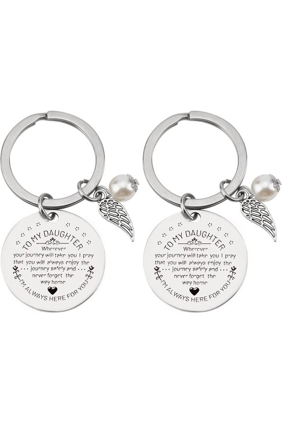 2Pcs Keychain To My Daughter Inspirational Gift Bag Charm Single Sided Engraved Stainless Steel Key Ring Birthday Graduation Key Organizer Gifts for Teenager Girls Women 1.18" Silver