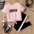 thumbnail image 1 of PatPat Girls 2 Pieces Outfit Sets Letter Print Knot Front Short Sleeves Tee with Colorblock Pants Set Sizes 5-12, 1 of 6