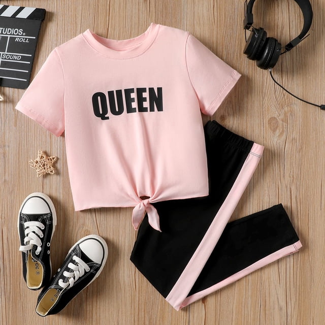 PatPat Girls 2 Pieces Outfit Sets Letter Print Knot Front Short Sleeves Tee with Colorblock Pants Set Sizes 5-12