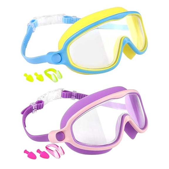 2Pcs Kid Swim Goggles Wide View Swimming Goggles for Boy Girl Frogs Resistant Child Swim Glasses with Nose Clip Earplugs