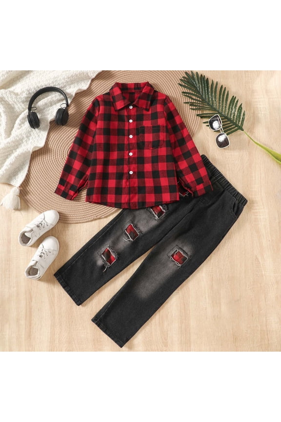 2Pcs Kids Boys Flannel Plaid Shirt Tops Pants Set Hoodie Sweatsuit for Fall Winter Spring Outfits clothes for boys boys clothes size 6