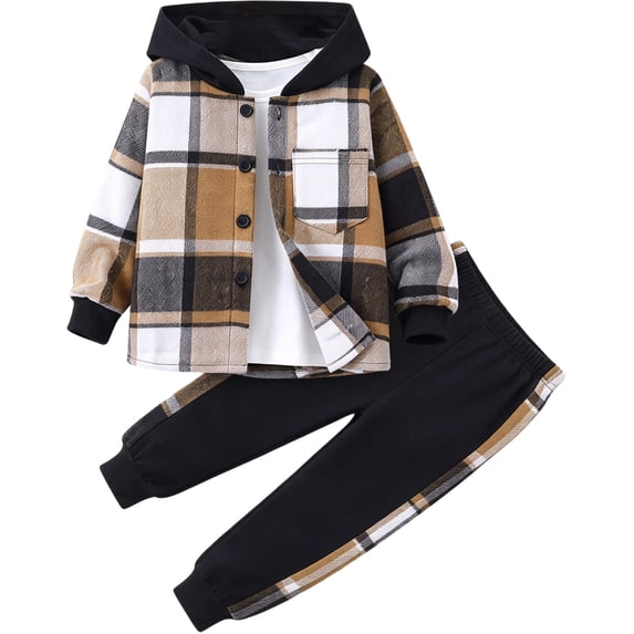 2Pcs Kids Boys Plaid Shirt Tops Pants Set Hoodie Sweatsuit for Fall Winter Spring Outfits 3-7 Years