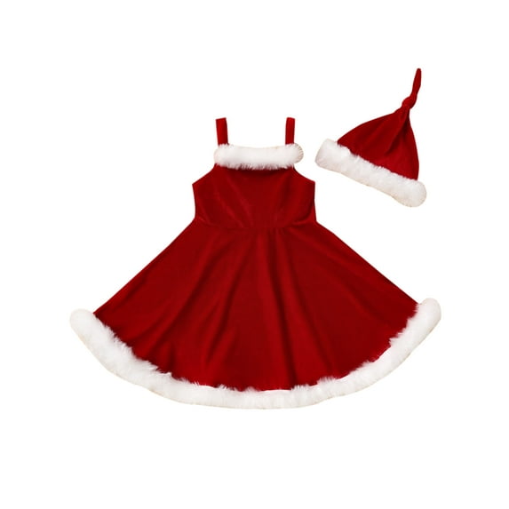 2Pcs Kids Christmas Outfit, Fluffy Stitching Spaghetti Strap Sleeveless Slip Dress + Knotted Hat for Girls