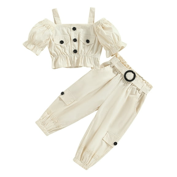 2Pcs Kids Girls Clothes Summer Outfits 1Y 2Y 3Y 4Y 5Y 6Y Short Sleeve Cold Shoulder Crop Tops Cargo Pants with Pocket Belt Set