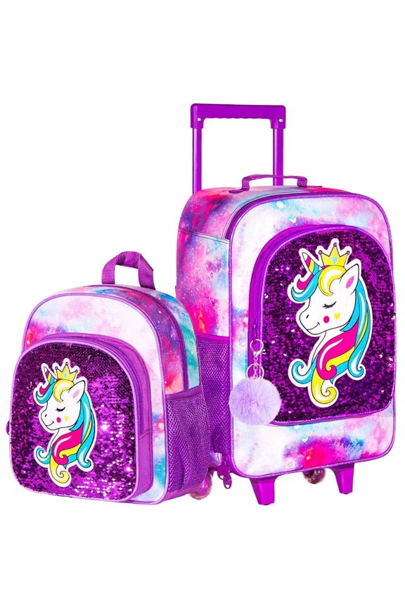 2Pcs Kids Suitcase, 18" Girls Carry on Luggage With Wheels, Unicorn Suitcases with toddler Backpack(Purple)