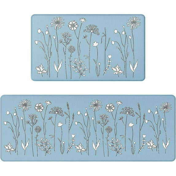 2Pcs Kitchen Mat, Cushioned Kitchen Rugs and Mats, Non-Slip Waterproof Comfort Standing Kitchen Floor Mat for Kitchen, Floor Home, Office, Sink 17"x47"+17"x29" (Blue)