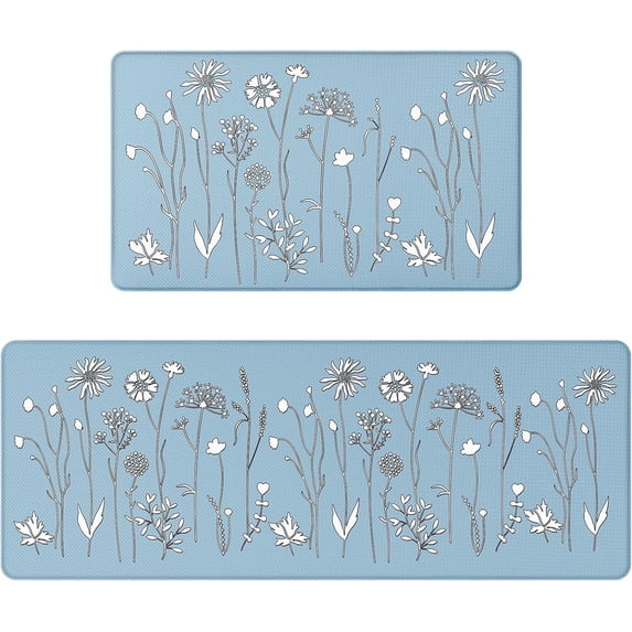 2Pcs Kitchen Mat, Cushioned Kitchen Rugs and Mats, Non-Slip Waterproof Comfort Standing Kitchen Floor Mat for Kitchen, Floor Home, Office, Sink 17"x47"+17"x29" (Blue)