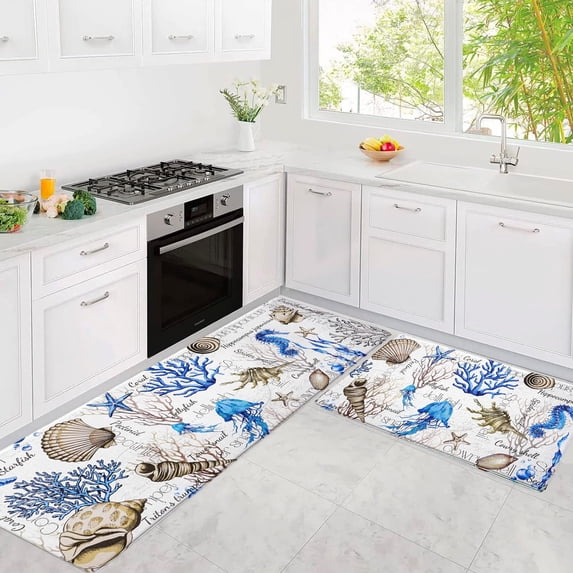 2Pcs Kitchen Mats for Floor, Coastal Beach Kitchen Rugs Non Slip Washable, Seashell Anti Fatigue Mats for Kitchen Floor, Coral Standing Floor Mats for Home/Office, 18''''x30''''+18''''x48''''(Blue)