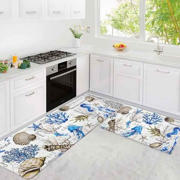 2Pcs Kitchen Mats for Floor, Coastal Beach Kitchen Rugs Non Slip Washable, Seashell Anti Fatigue Mats for Kitchen Floor, Coral Standing Floor Mats for Home/Office, 18''''x30''''+18''''x48''''(Blue)
