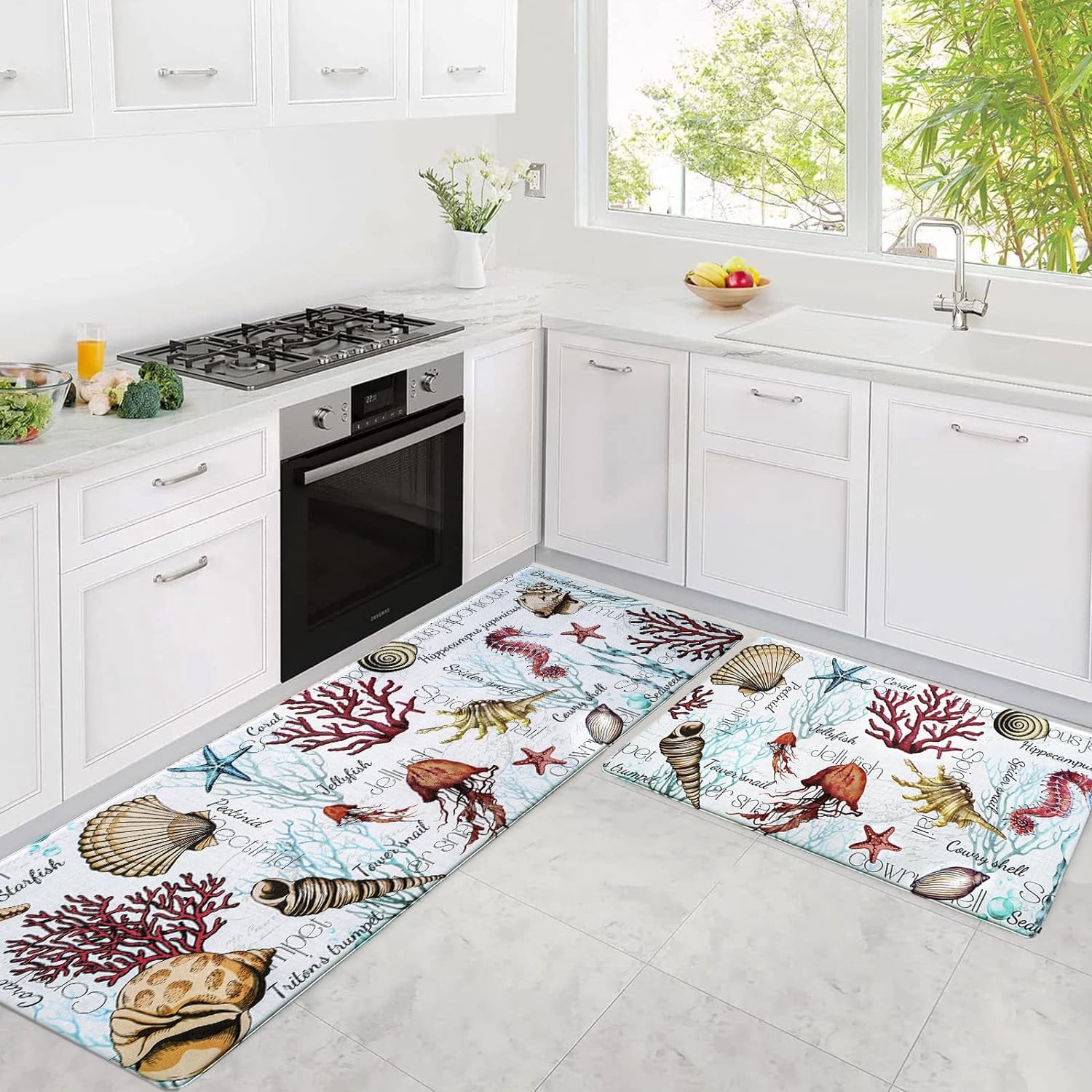 2Pcs Kitchen Mats for Floor, Coastal Beach Kitchen Rugs Non Slip ...