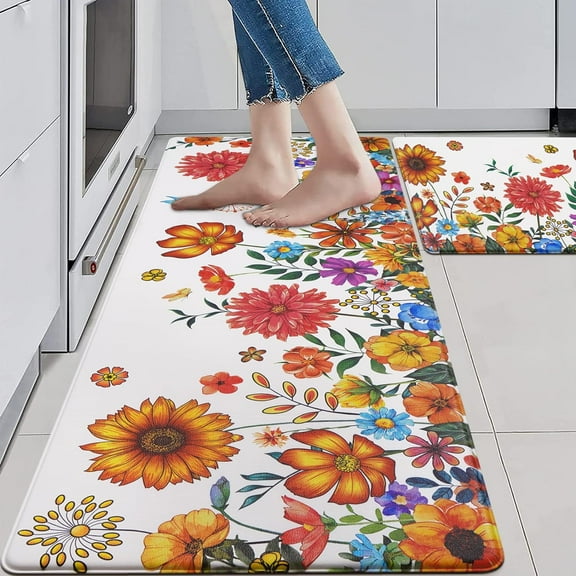 2Pcs Kitchen Mats for Floor Floral Kitchen Rugs Non Slip Washable, Anti Fatigue Mats for Kitchen Floor, Butterfly Standing Floor Mats for Home/Office, 18''''x30''''+18''''x48'''' (White)