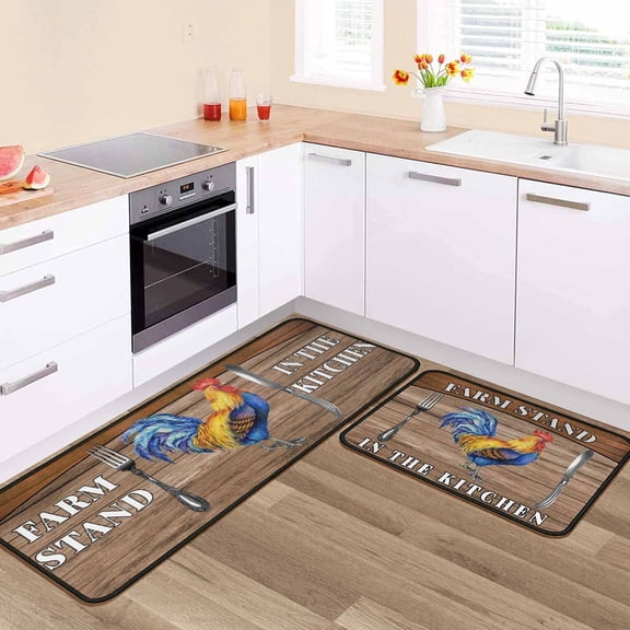 2Pcs Kitchen Mats for Floor Non Skid 2 Pieces Farmhouse Rooster Theme Kitchen Mats for Door Non Slip Waterproof Standing Kitchen Runner Mats 17\u201dx24\u201d+17\u201dx48\u201d