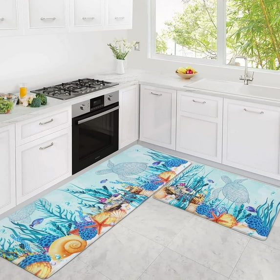 2Pcs Kitchen Mats for Floor Ocean Kitchen Rugs Non Slip Washable, Sea ​​Turtle Anti Fatigue Mats for Kitchen Floor, Coral Shell Standing Floor Mats for Home/Office, 18''''x30''''+18''''x48''''