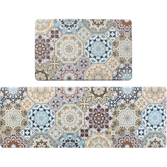 2Pcs Kitchen Rugs, Cushioned Anti Fatigue Kitchen Mat PVC Non Slip Waterproof Runner Comfort Standing Floor Carpet Set for Sink, Laundry 17"x48"+17"x28"