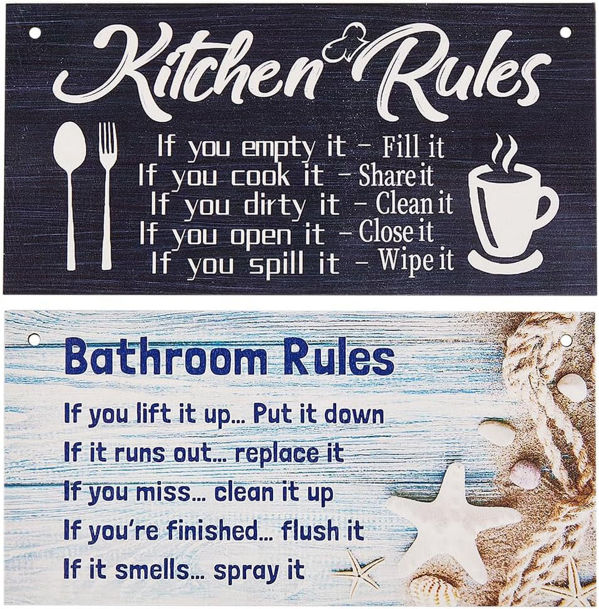 Rustic Kitchen Rules Sign 2Pcs Kitchen Rules Wood Sign Bathroom Rules Wood Plaque Hanging Decor ...