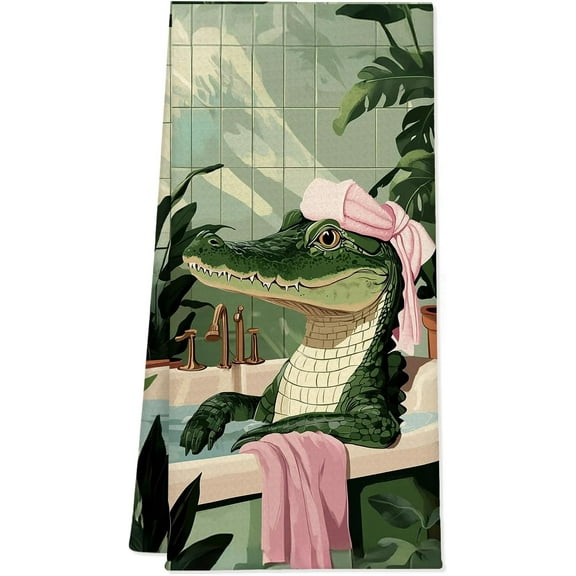 2Pcs Kitchen Towels Bath Towel Green Alligator Tea Towels Absorbent Dish Towel Cute Animal Print Hand Towels for Bathroom Kitchen, 16x24 inches