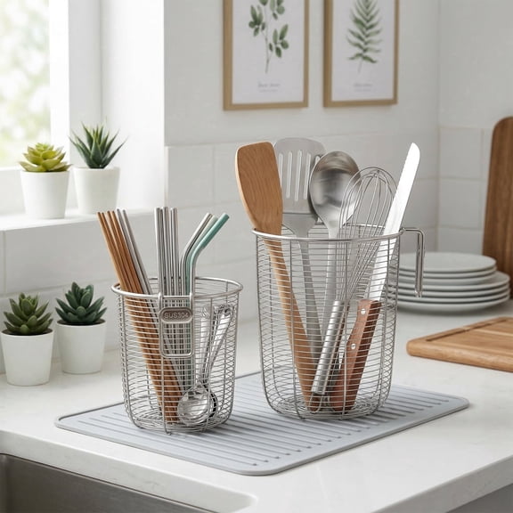 Atopoler Kitchen Utensil Drying Basket,304 Stainless Steel Silverware Flatware Drainage Rack With Hooks,Dishwasher SafeKitchen,2Pcs