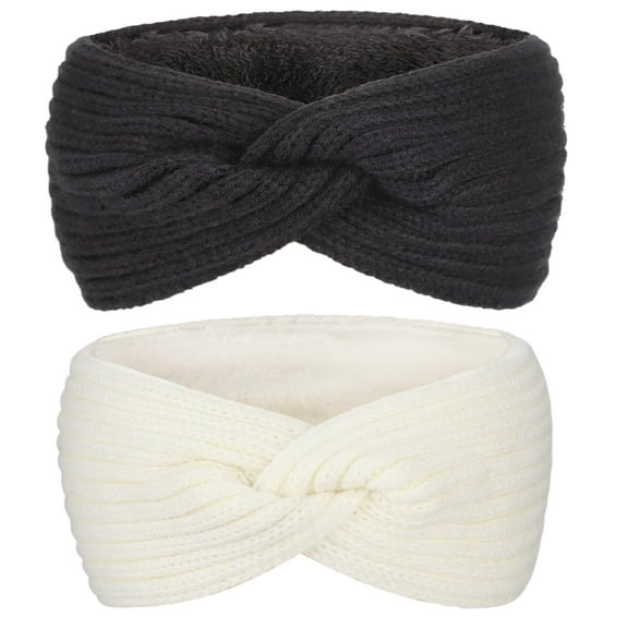 2Pcs Knit Ear Warmer Headband for Women Fuzzy Wool Fleece Lined Head Wrap Winter Headbands for Women Cold Weather