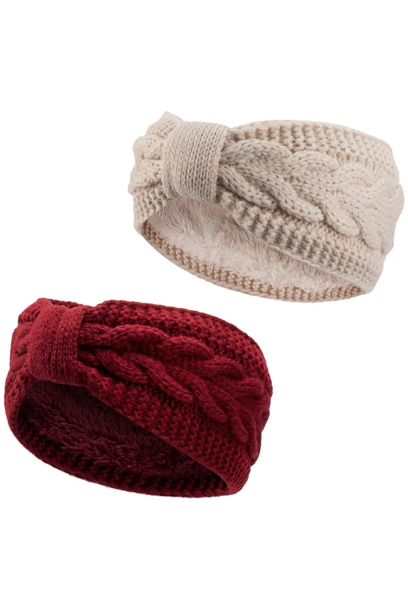 2Pcs Knit Ear Warmer Headband for Women Fuzzy Wool Fleece Lined Head Wrap Winter Headbands for Women Cold Weather