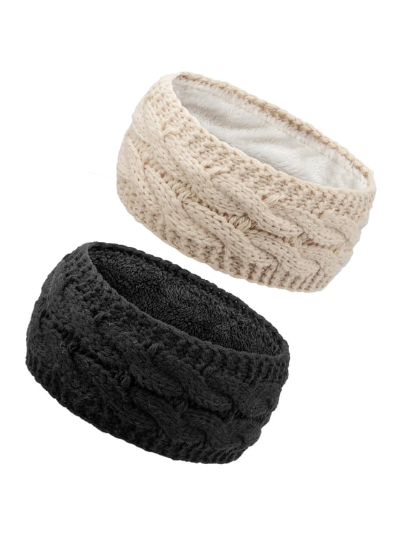 2Pcs Knit Ear Warmer Headband for Women Fuzzy Wool Fleece Lined Head Wrap Winter Headbands for Women Cold Weather