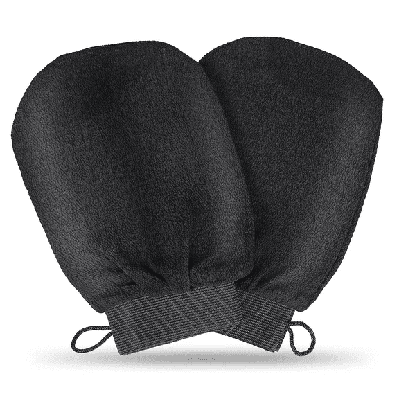 2Pcs Korean Exfoliating Mitts, Asian Bath Exfoliating Gloves Body Exfoliator Washcloth, Self Tanner Mitten For Sunless, Dead Skin Removal Scrubbing Shower Sponge Loofah(Black)