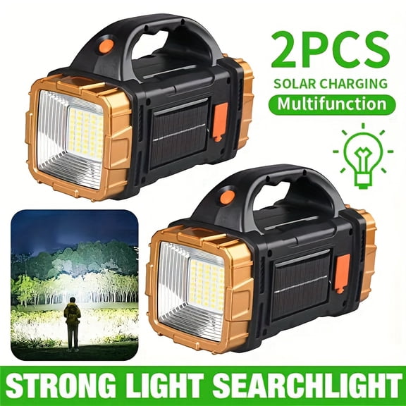 2Pcs LED Flashlight, 4 Modes Adjustable Brightness, Solar & USB Rechargeable, Emergency Power Bank, Durable ABS, Portable Outdoor Light for Camping, Hiking & Emergencies