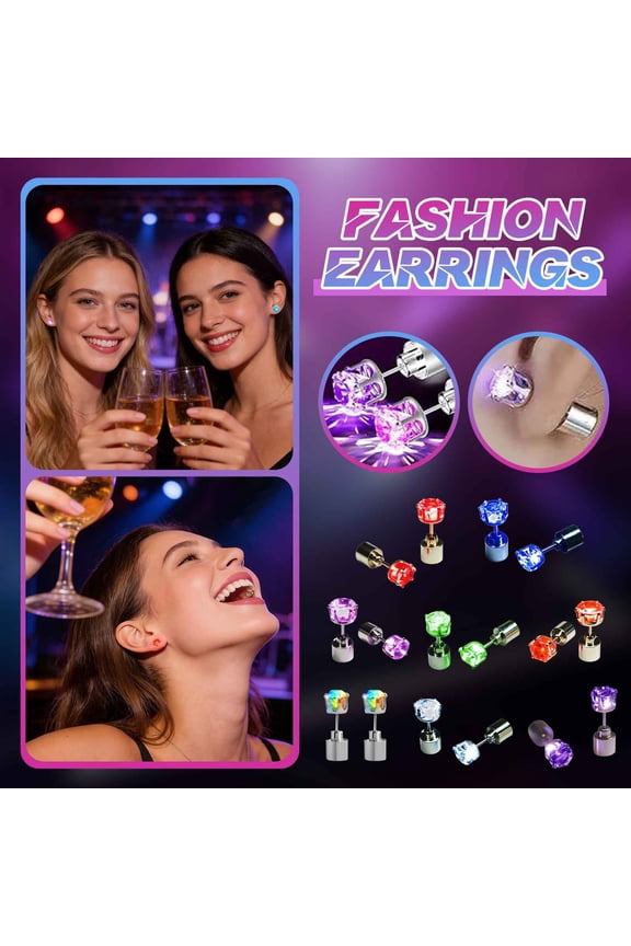 2Pcs LED Light Up Stud Earrings, Glowing Diamond Crystal Stainless Steel Ear Studs for Men Women, Flashing Jewelry for Party Rave Concert