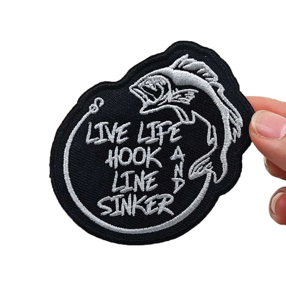 2Pcs LIVE LIFE HOOK LINE SINKER Embroidered Appliques Patch with Hook and Loop Fastener Backing- Punk Style Tactical Crochet Badge Suitable for Vests,Jackets, Backpacks,and Clothing