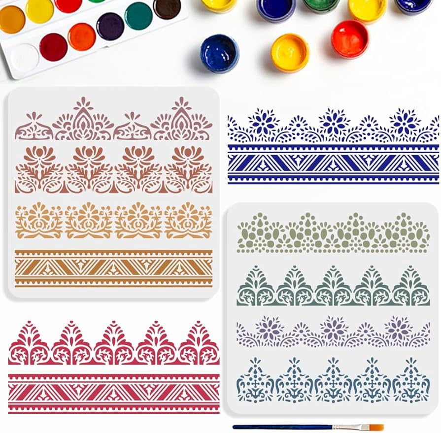 2Pcs Lace Border Stencils Painting Templates with Paint Brush for Wood ...