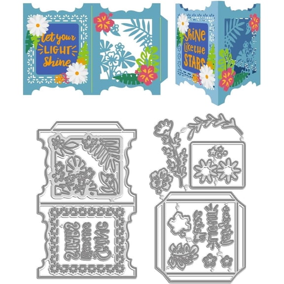 2Pcs Lantern Box Card Cutting Dies Stencils Flower Greeting Card with Words Cut Die Stencils for DIY Scrapbooking Photo Album Decor Embossing Template