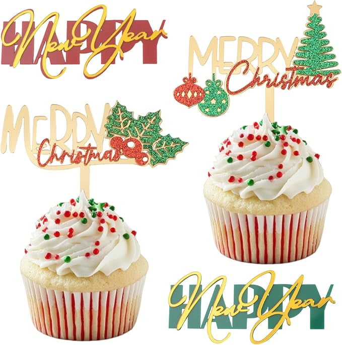 Merry Christmas Cupcake Toppers - 2 Large & 24 Small Gold Acrylic Cake Picks, Party Decor